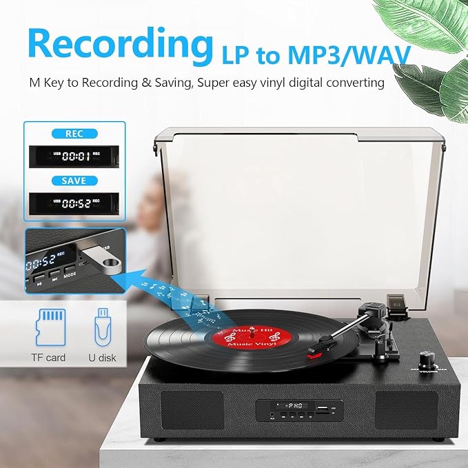 Tocadiscos vintage con altavoces y Bluetooth negro miniatura 3