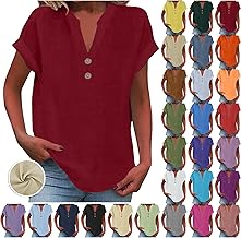 Ladies Tops 2025 Women's Summer Cotton Linen Cap Sleeve T-Shirt Button V Neck Tunic Tops Fashion Baggy Solid Plain Shirts Trendy Blouse
