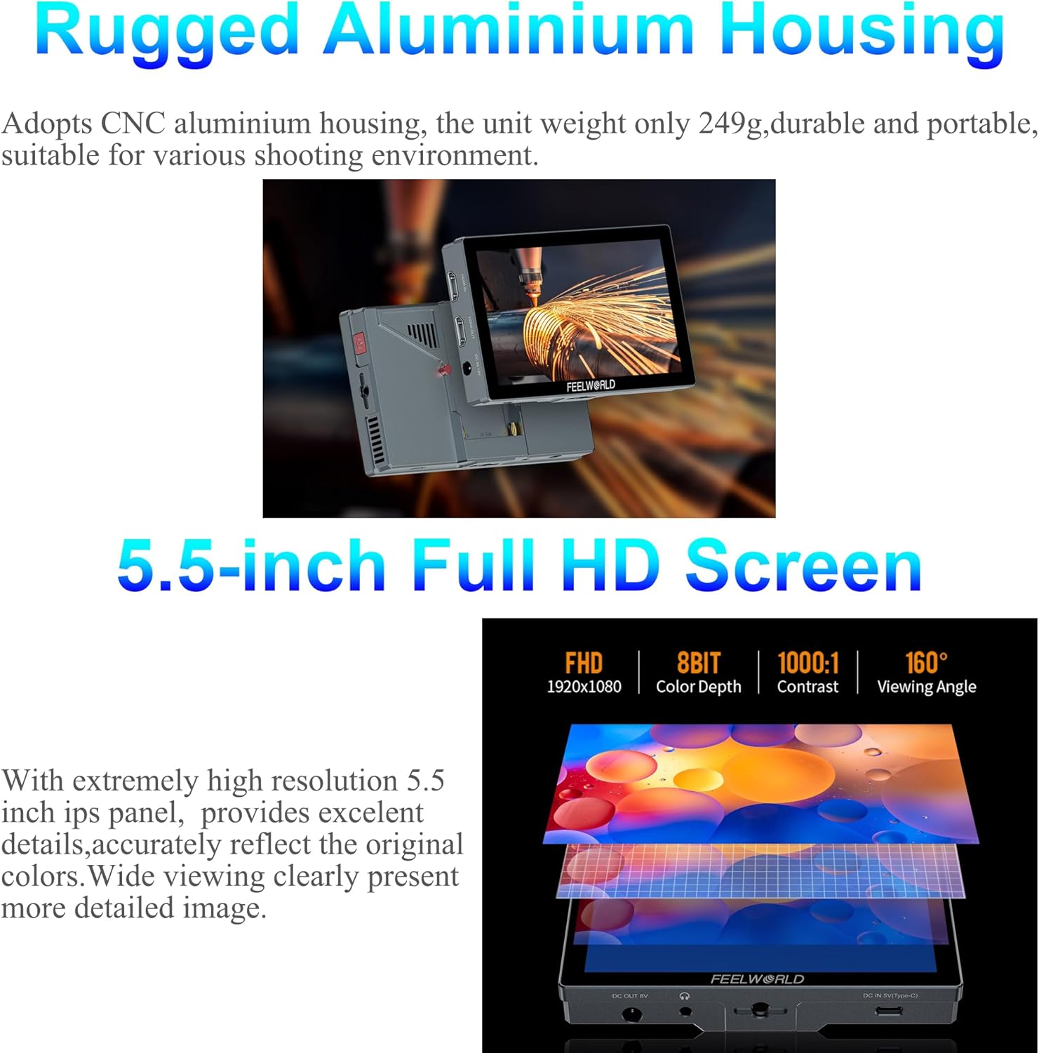 Feelworld P6X 5.5 Inch Aluminium Camera Monitor,1920X1080 Full HD 1000nits 160° Wide Viewing Touch Screen Monitor,4K 60HZ Input/Output HDMI for Film,Video,Live Streaming
