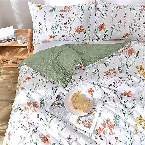 Miniatura 4 de Juego de funda de edredón floral tamaño matrimonial  Juego de funda de edredón de microfibra con estampado botánico de flores blancas amarillas y