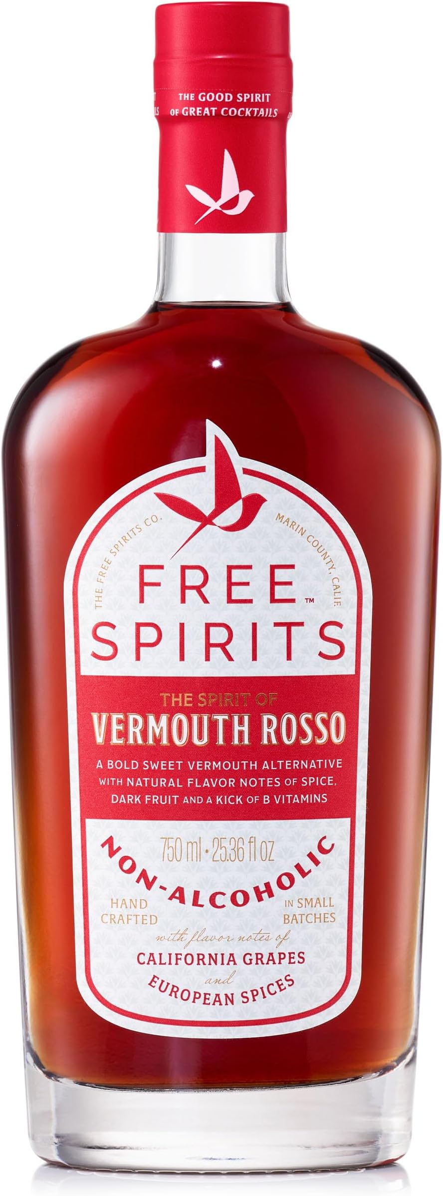 Free Spirits Zero Proof Vermouth Rosso Alternative, Award-Winning Italian Style Non-Alcoholic Spirit for Mocktails, Made In The USA, Packaging May Vary, 750 mL