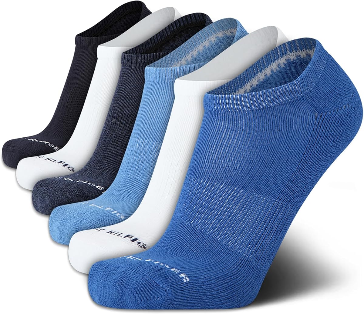 Tommy Hilfiger Mens 6 Pack Cushioned Performance No Show Low Cut Socks | Breathable Padded Footbed That Sits Below the Shoe Line, Silicone Heel Grip Keeps Them Put in Sneakers, Flats and Loafers