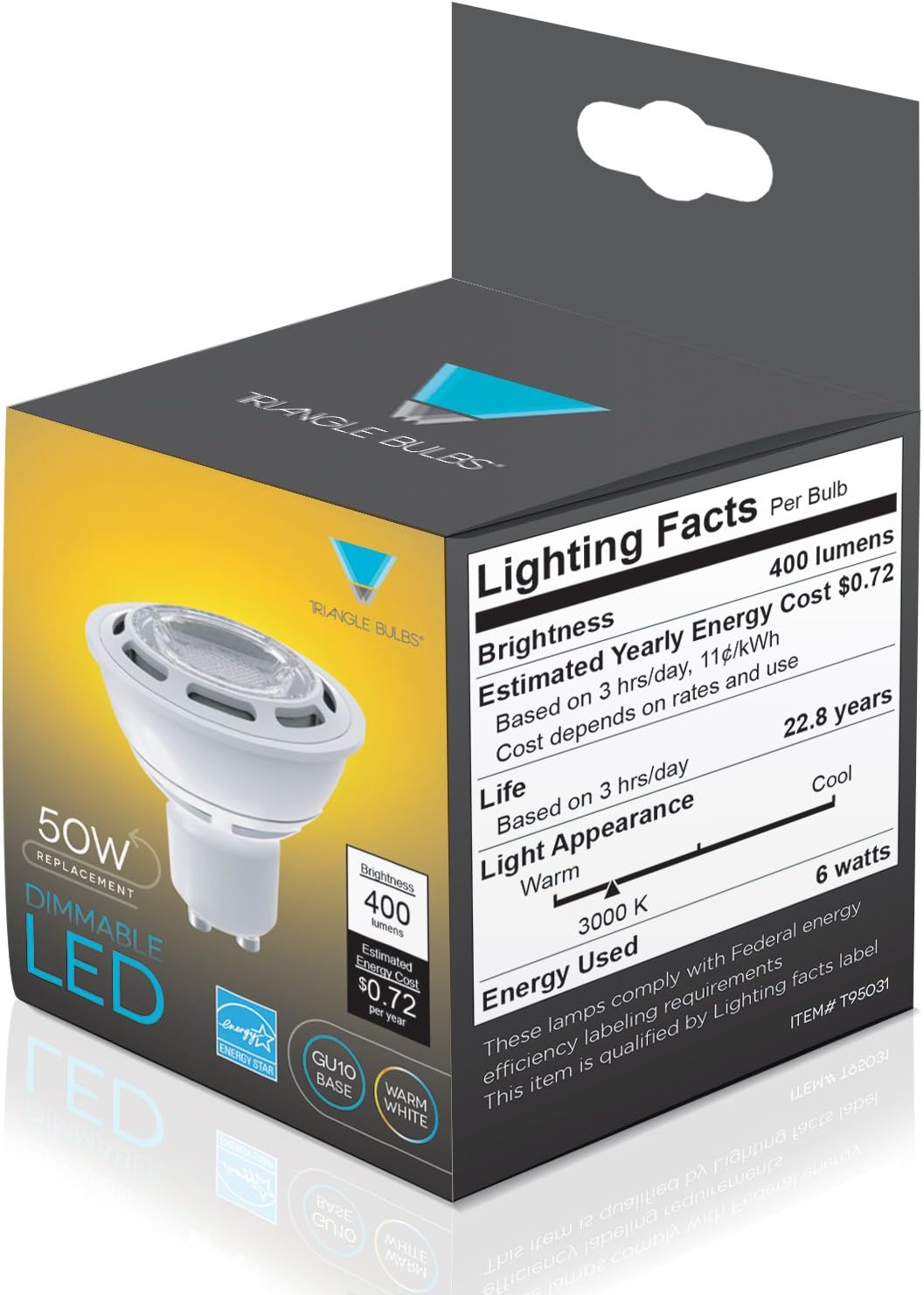 Triangle Bulbs LED 6-Watt Dimmable GU10 MR16 60° High Power 50W Equivalent, Warm White Light Bulbs