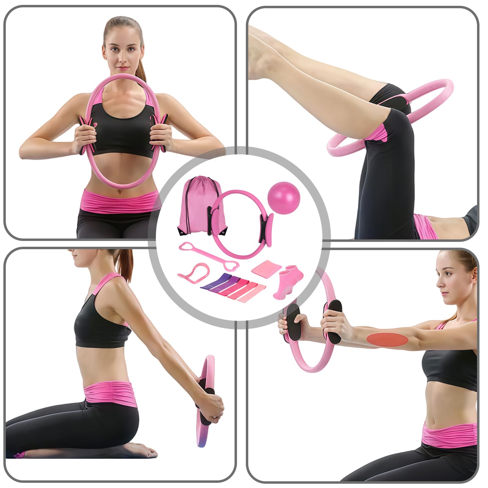 Leikurvo Kit de Pilates Essential de 13 pièces pour femme avec balle de Pilates, bandes de résistance, chaussettes, anneau de Pilates et accessoires pour étirement et fitness (rose)