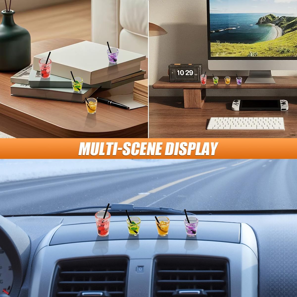 4PCS Cute Mini Drinks Car Rearview Mirror Accessories, Funny Resin Beverage Figurines Car Interior Dashboard Decorations, Vehicle Center Console Ornaments for Home Office Outdoor(Drinks)