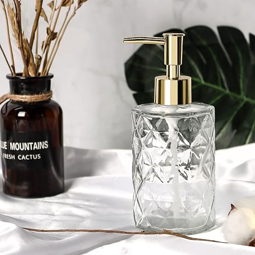 Miniatura 8 de Dispensador de jabón de manos transparente para baño, paquete de 2 dispensadores de jabón de vidrio de 12 oz11.2 fl oz con bomba dorada, dispensador