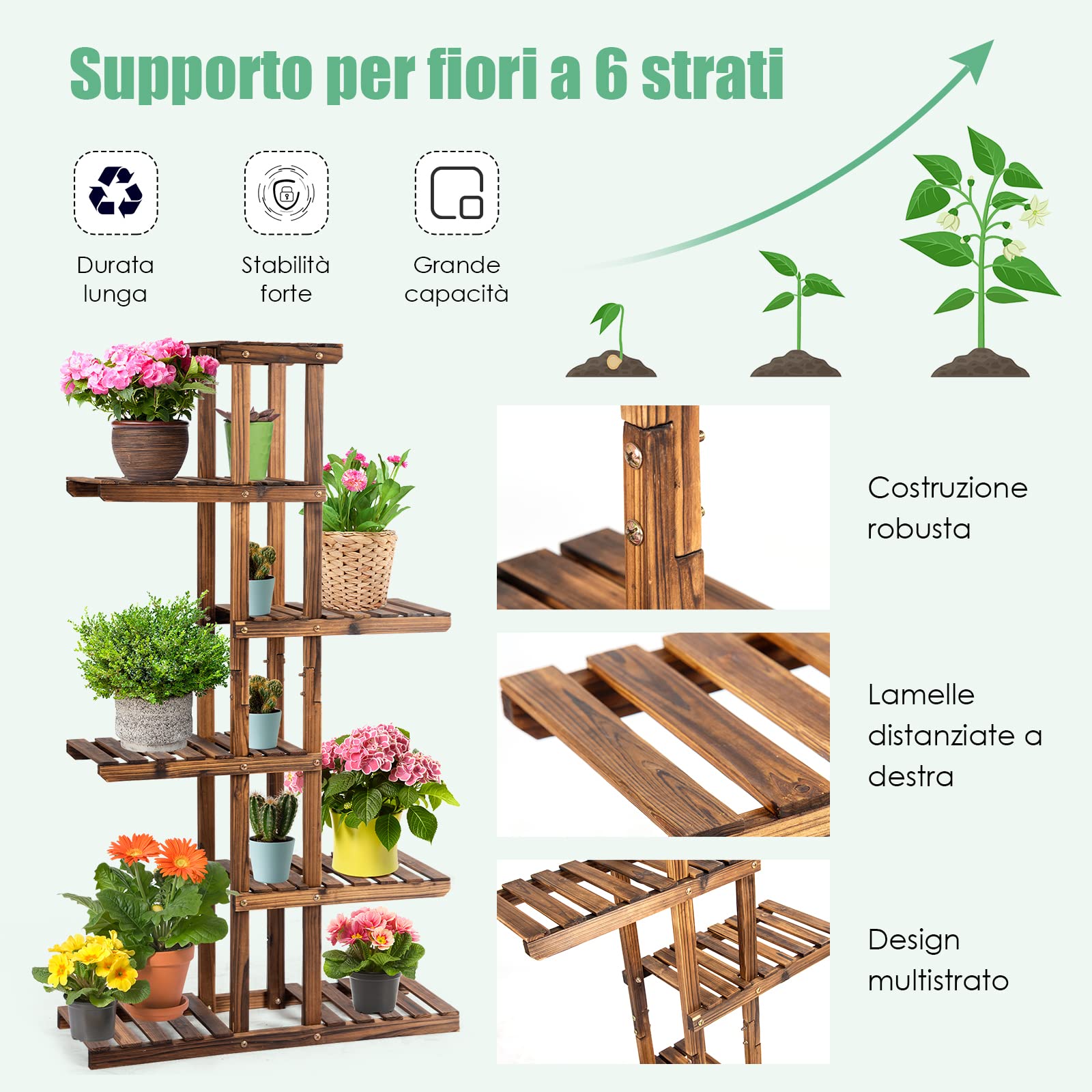 Scaffale per Piante, Porta Piante da Esterno, Banco da lavoro for piante in vaso da esterno, banco da lavoro da giardino con ganci, ripiani aperti, spazio di archiviazione inferiore e schienale a