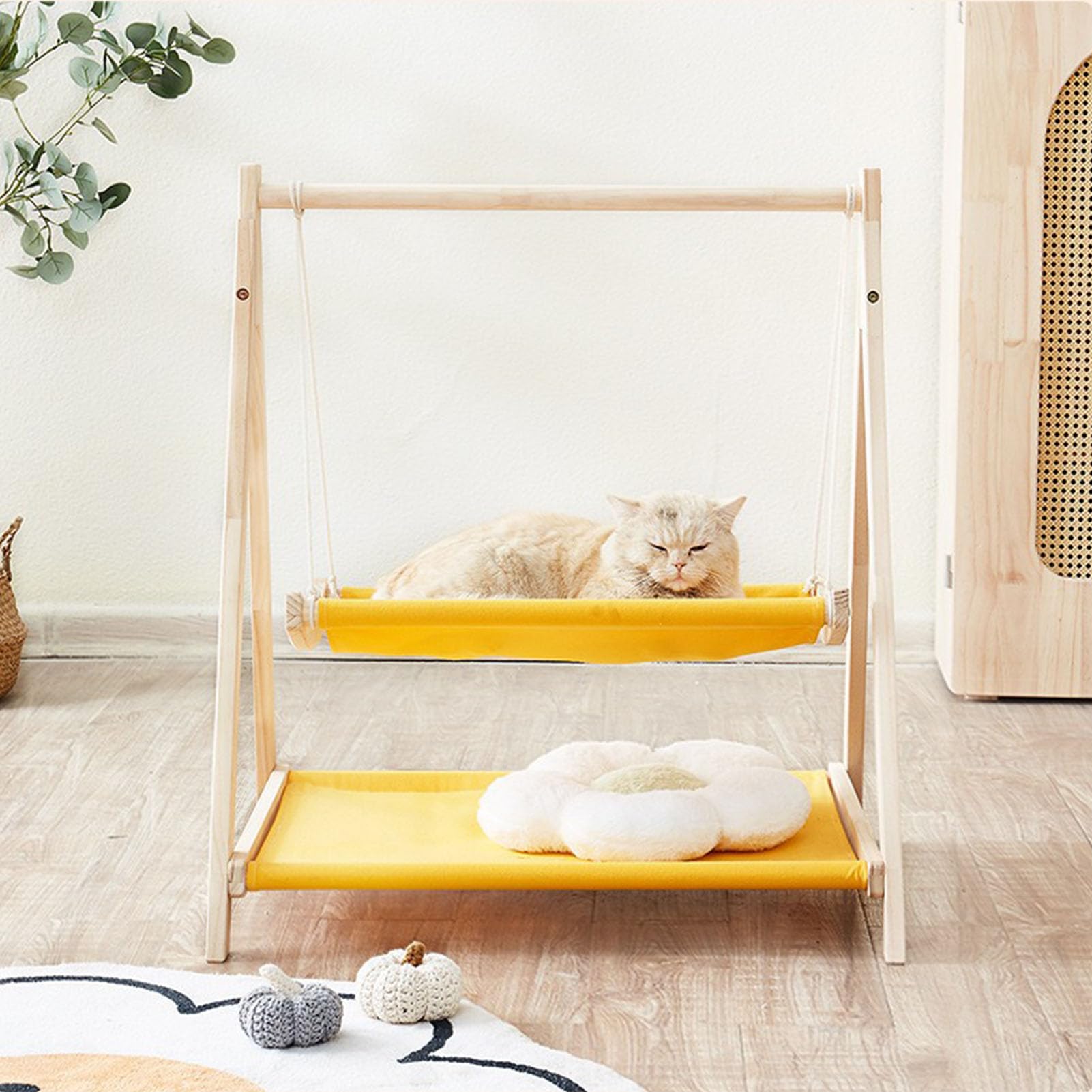 Cama Hamaca con Columpio para Gatos, Cama Elevada para Gatos de 2 Capas con Marco de Madera, Soporte de Carga Fuerte, Resistente a los Arañazos, Juguetes de Columpio para