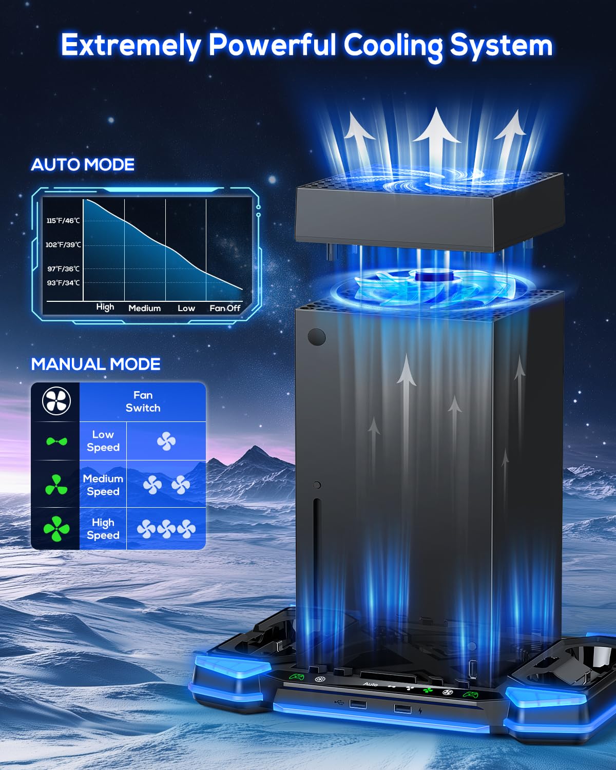 Sistema de ventilador de refrigeración automático mejorado y soporte de carga para consola Xbox Series X y controladores, accesorios con 11 luces RGB y batería recargable de 2 x 1400 mAh, soporte para