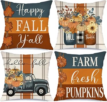 Happy Fall Yall Maple Leaf Sunflower Mason Jar Truck Throw Pillow Covers 20x20 Set of 4 Autumn Harvest Farm Fresh Pumpkin Striped Thanksgiving Cushion Case Decorations for Sofa Couch