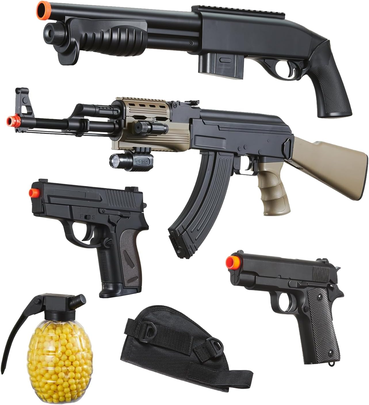 Goldenball Airsoft AEG Battery Powered AK47 Bundle with Pump Action Shotgun, Spring Metall 1911 Pistol & Pocket Pistol (BBS & Holster Included)