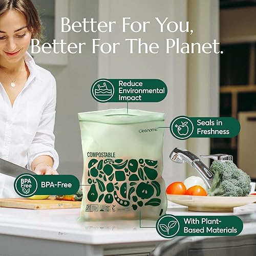 Miniatura 5 de Cleanomic Bolsas compostables de almacenamiento de alimentos de tamaño galón (25 Eco Zip) a prueba de congeladores y fugas, también disponibles