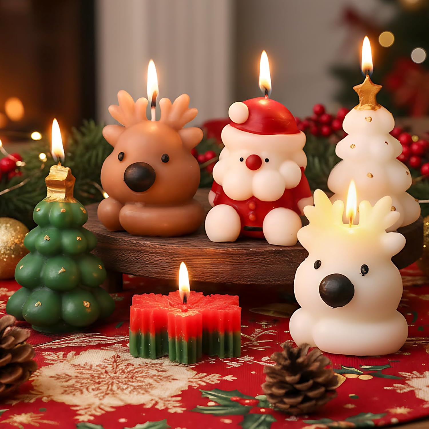 Treela 6 Pcs Christmas Scented Candle Gift Set Santa Claus, Snowflake, 2 Elks and 2 Trees Christmas Candle Decoration for Women, Home, Party, Bedroom, Table Decoration