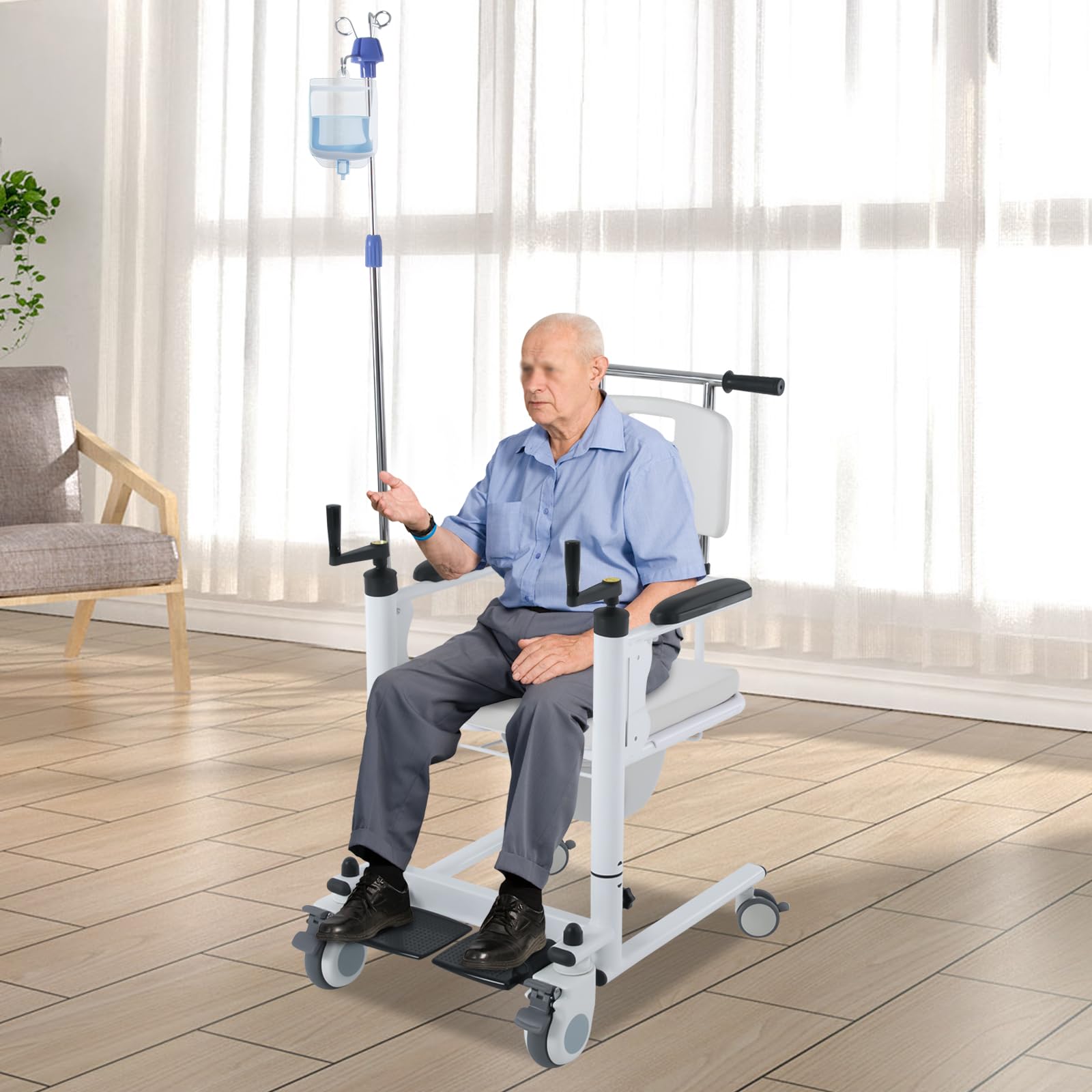 Silla elevadora de pacientes con altura regulable manualmente, asiento dividido de 180°, silla de ruedas multifunción con frenos, hasta 120 kg, para personas mayores, discapacitados, cuidado en casa