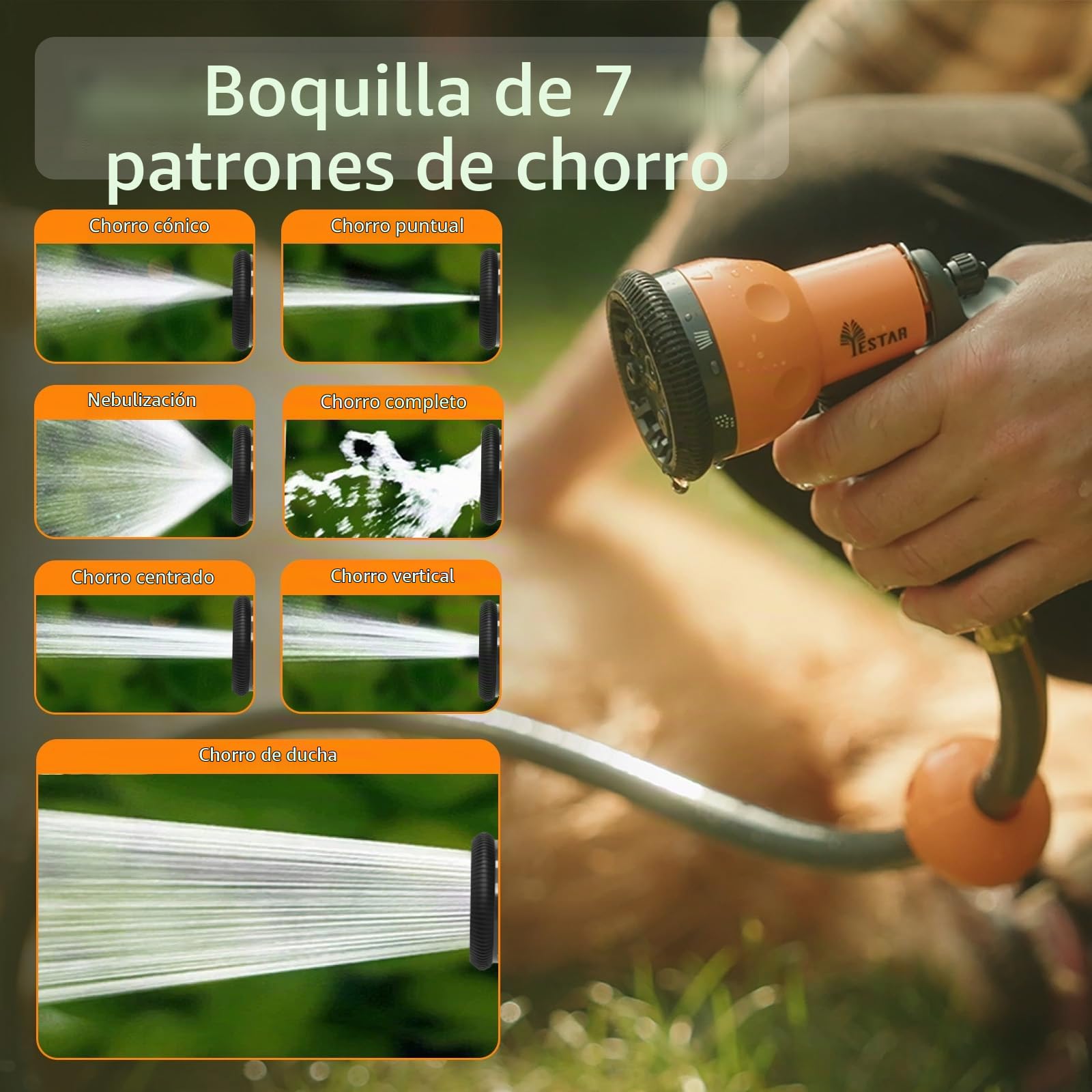 Carrete de manguera de 25 m + 2 m, con rebobinado automático y rotación de 180°, caja de pared con tope de bloqueo y 7 boquillas de chorro, para riego de jardín y lavado de coche