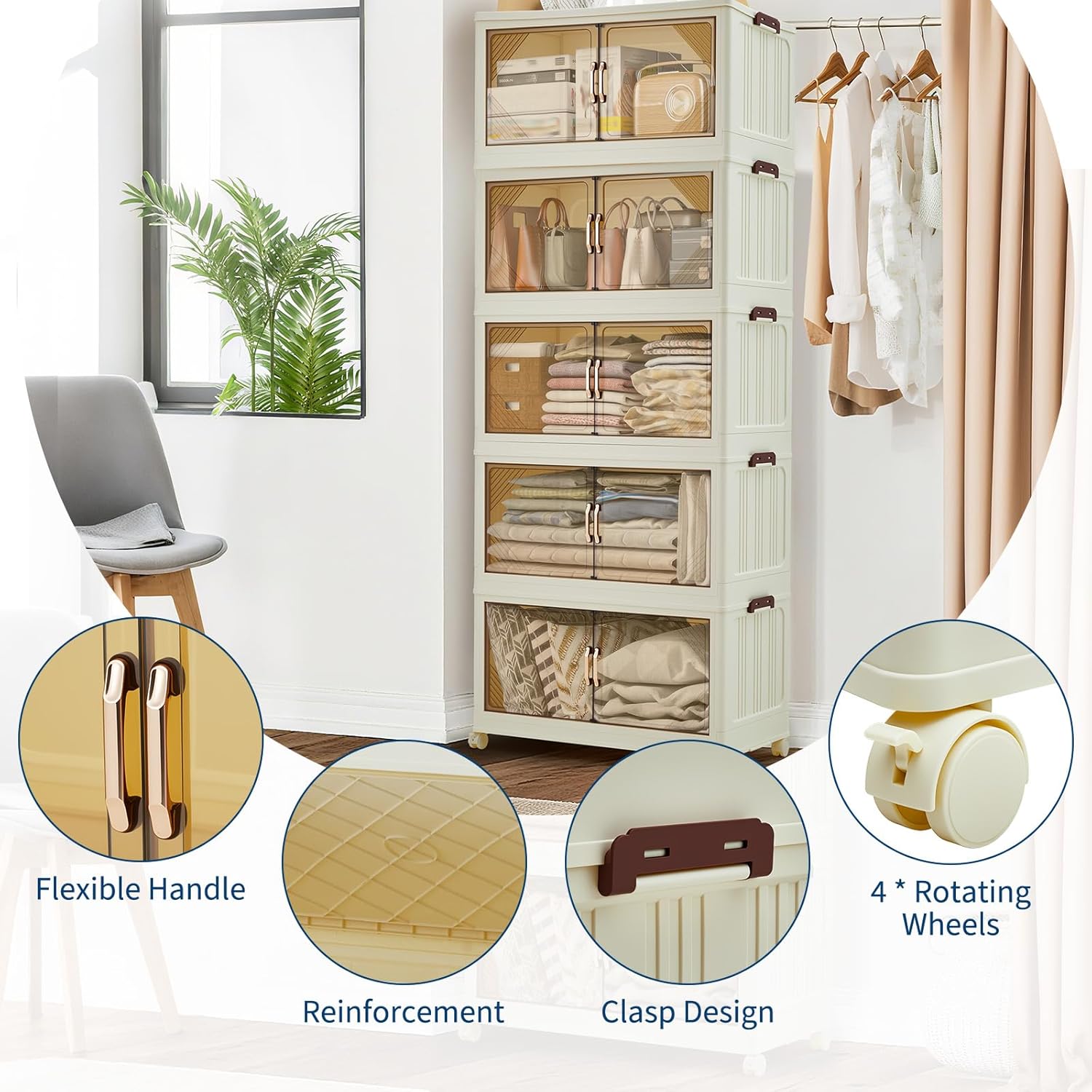 Garvee 240QT Stackable Storage Bins, Plastic Bins for Storage with Lids, Plastic Storages Drawers with Magnetic Doors & Wheels, Foldable Collapsible Closet Organizers for Home, Dorm, Office, White