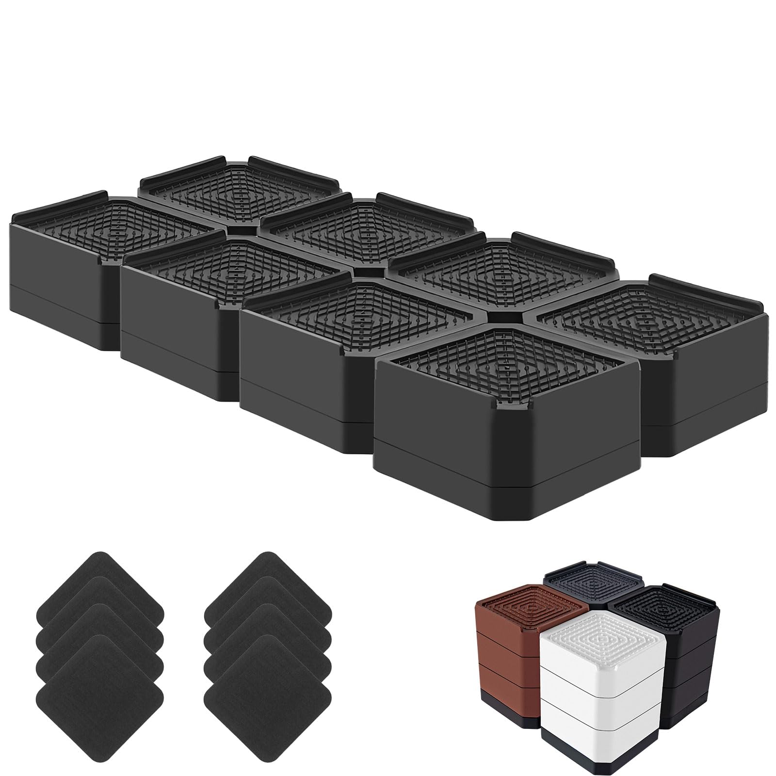 bed risers heavy duty, adjustable furniture riser blocks lift 1.5, 3, 4.3 inches for couch table desk sofa chair legs, refrigerator, washing machine - support up to 4000 lbs (black 8 pack, 1.5 inch)