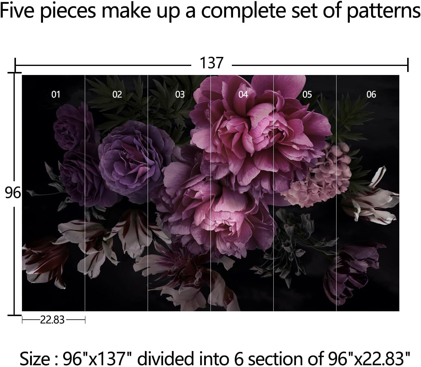 Dark-Colored Floral self-Adhesive Wallpaper - Purple Peony Mural. Peel Off and Stick.- 96"x137"