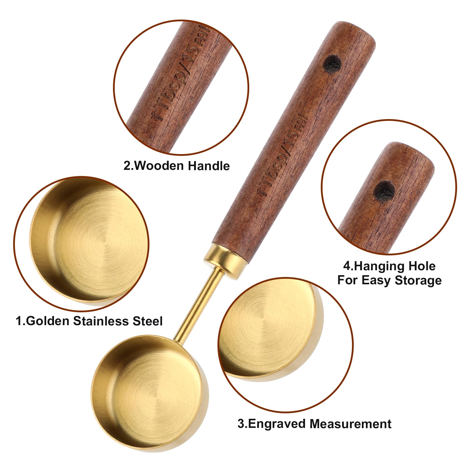 JJUNW 4 Stück Messlöffel Set, Edelstahl Teelöffel Messlöffel mit Holzgriff Mini Löffel Gewürzlöffel, 1/4 TSP, 1/2 TSP, 1 TSP, 1 TBSP Messlöffel zum Backen von Speisen