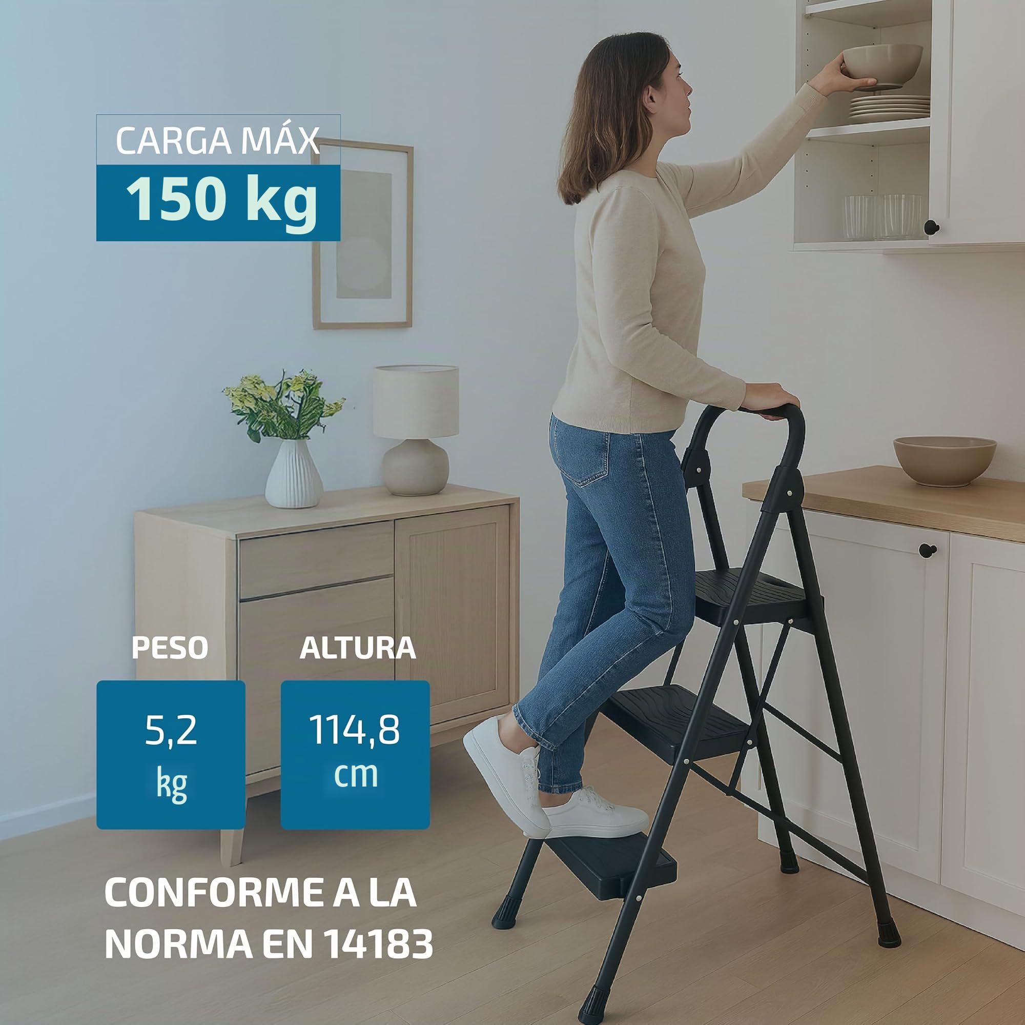 Escalera Plegable 3 peldaños de – Acero Bloqueo Seguridad 150 kg