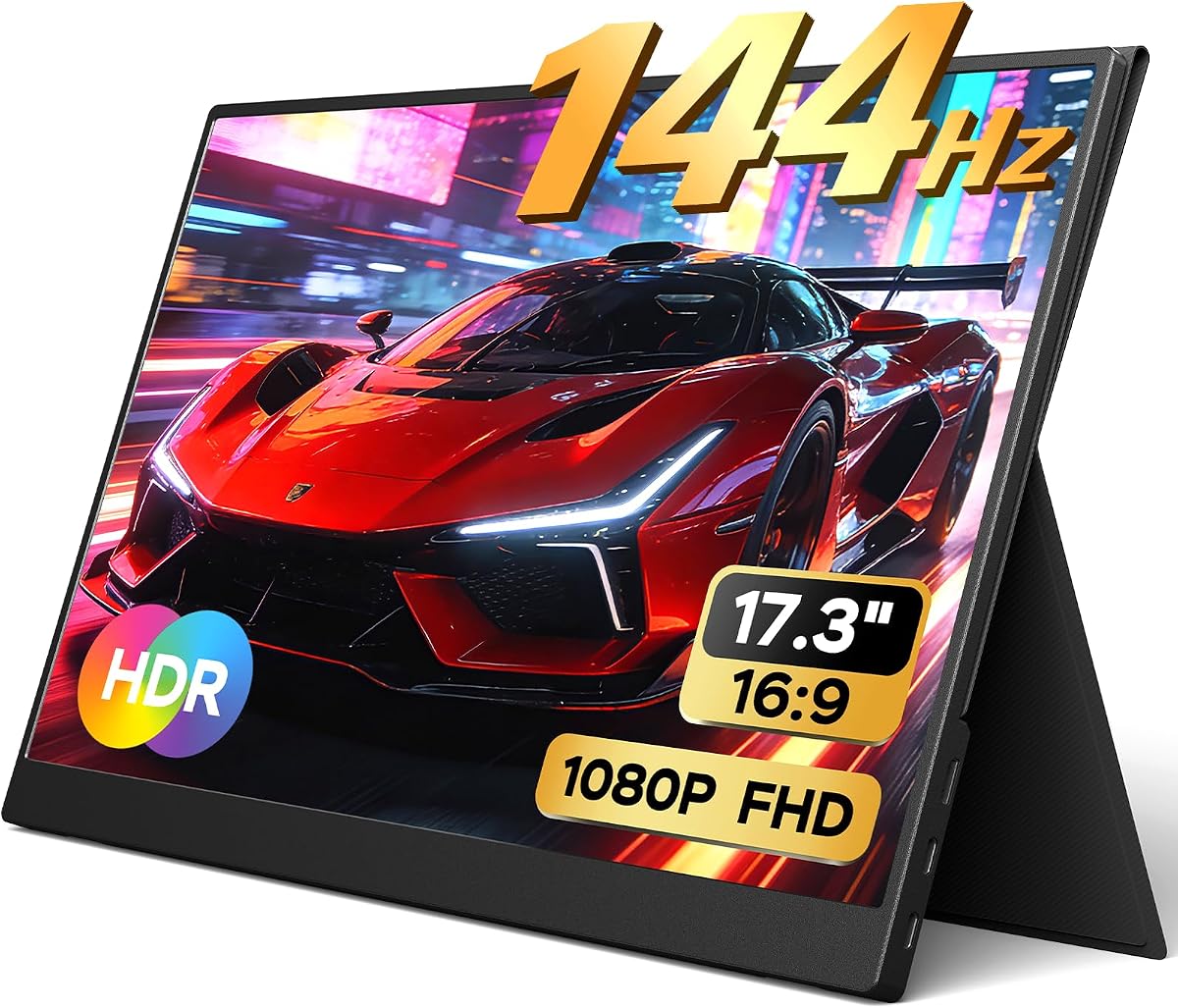 Portable Monitor 17.3 Inch 1080P 144Hz IPS HDR Ultra-Slim Travel Monitor with Dual Speakers USB-C HDMI Second Screen for Laptop PC Mac Phone Xbox PS4/5 Switch, VESA Kickstand with Cover Stand