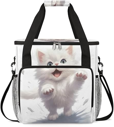 Bonita cafetera de gato blanco kawaii, bolsa de transporte de viaje, compatible con Keurig K-Mini o K-Mini Plus, portátil, de una sola porción, con