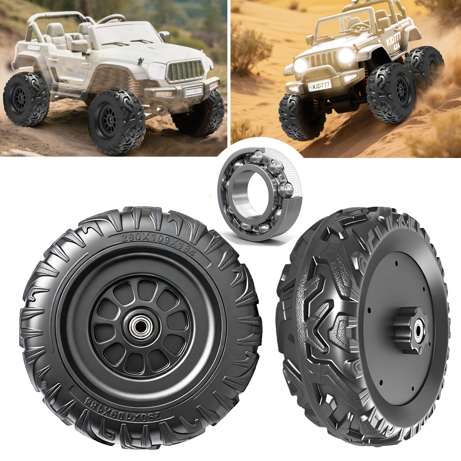 Photo 1 of 2Pack 29CM/11.4'' EVA Soft Compound Tire for Power Wheels Ride on Car ?Alligator Tires Upgrade,Off-Road Tires Front/Rear Wheels for Ride on Toys Car/SUV/Jeep/UTV Replacement Parts,Black,Bearing