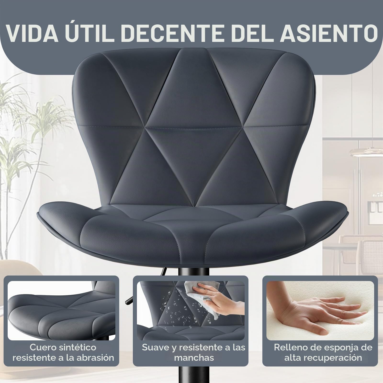 Hawthyhome Taburetes de Bar Juego de 2 | con Respaldo, Altura Regulable, Giro 360°, Cuero sintético, para Comedor, Bar en casa o Isla de Cocina, Color Gris Oscuro