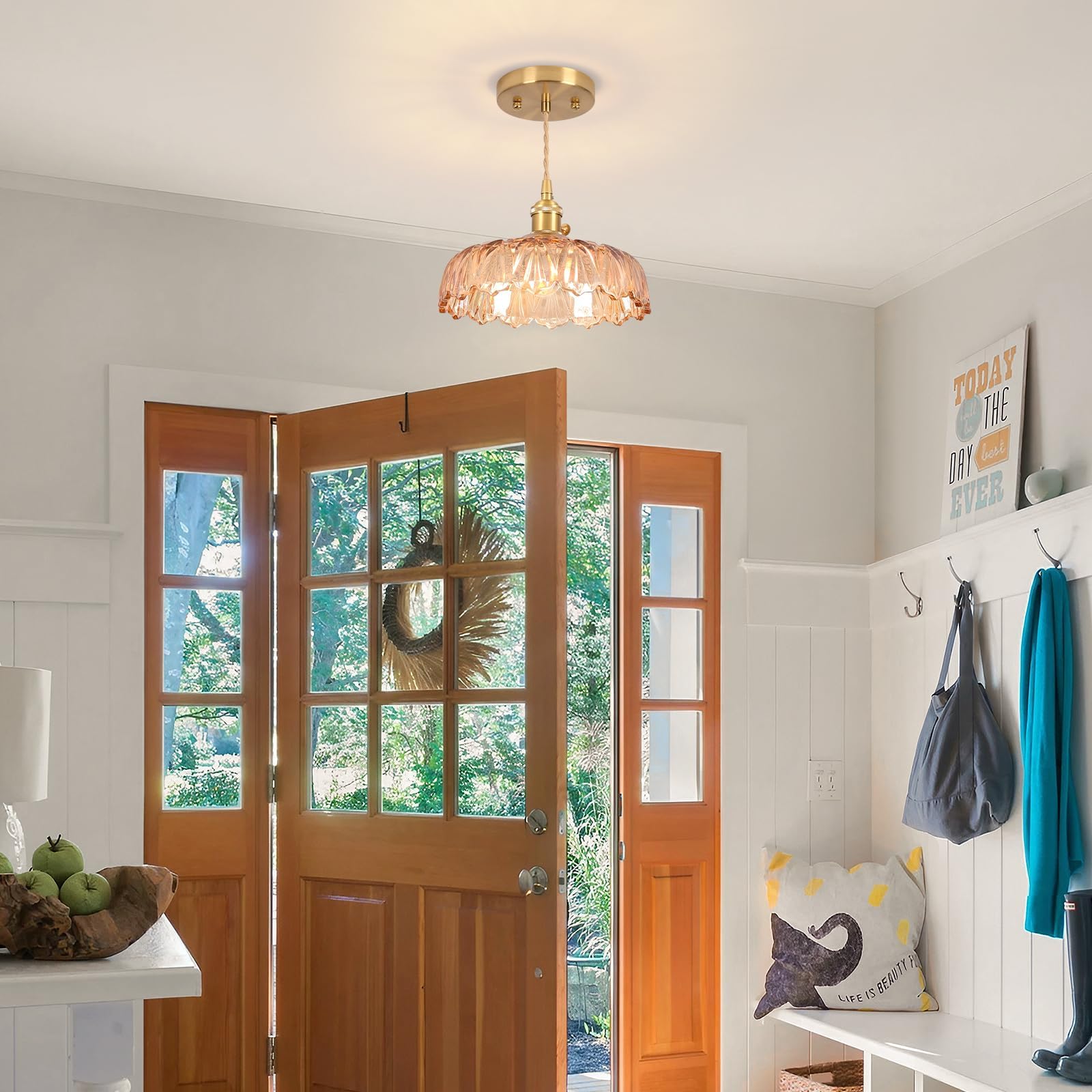 Lámpara colgante de cristal, lámpara de techo ámbar, E27 25 cm, lámparas colgantes de techo, lámpara de techo vintage, lámpara de araña para cocina, isla, dormitorio, pasillo, estudio