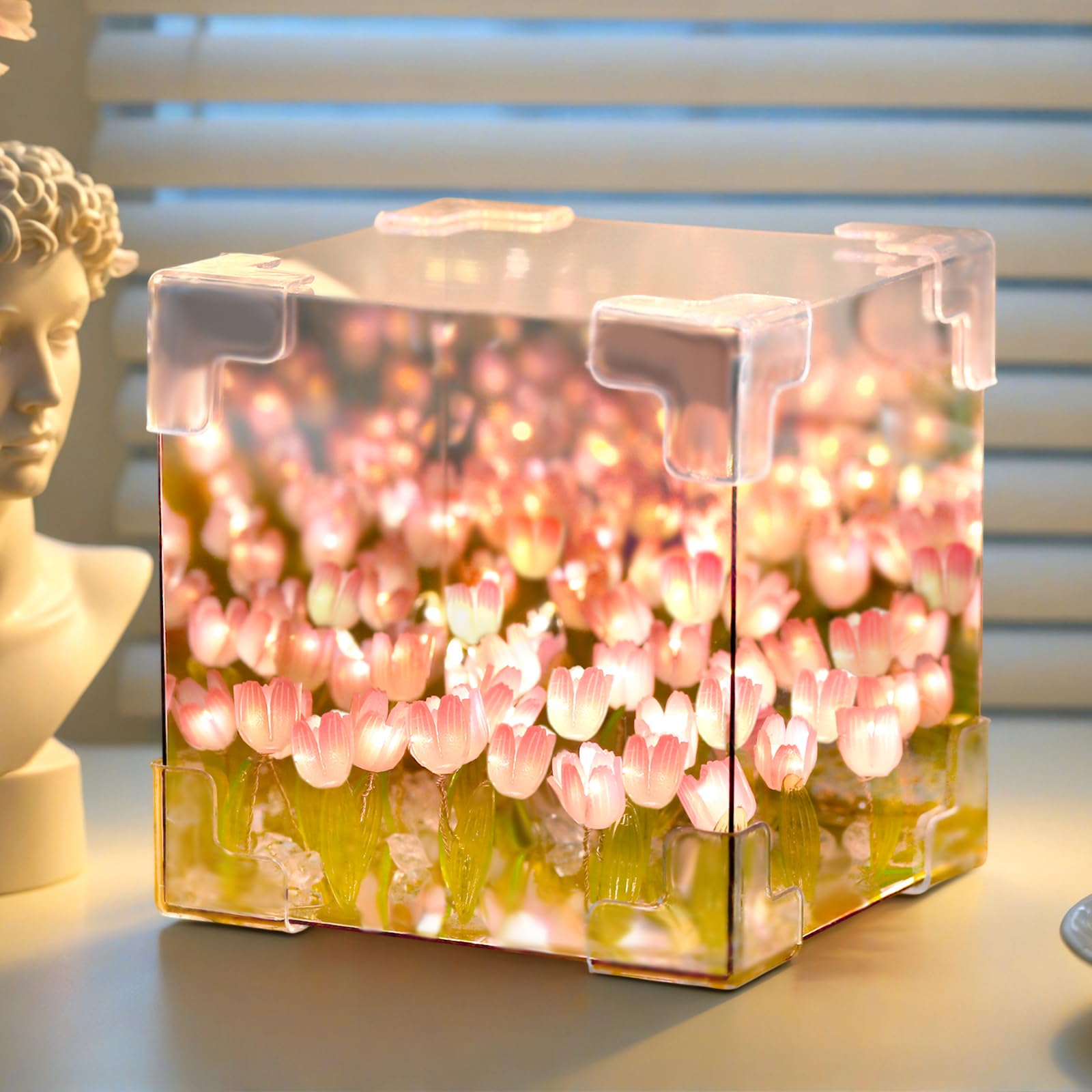 Drawelry DIY Tulip Cube Mirror Lamp, 21 Flower DIY Tulip Mirror Night Light Handmade Tulip Night Light for Bedroom, Gifts for Teen Girls, Gifts for Mom (Pink) — image 1