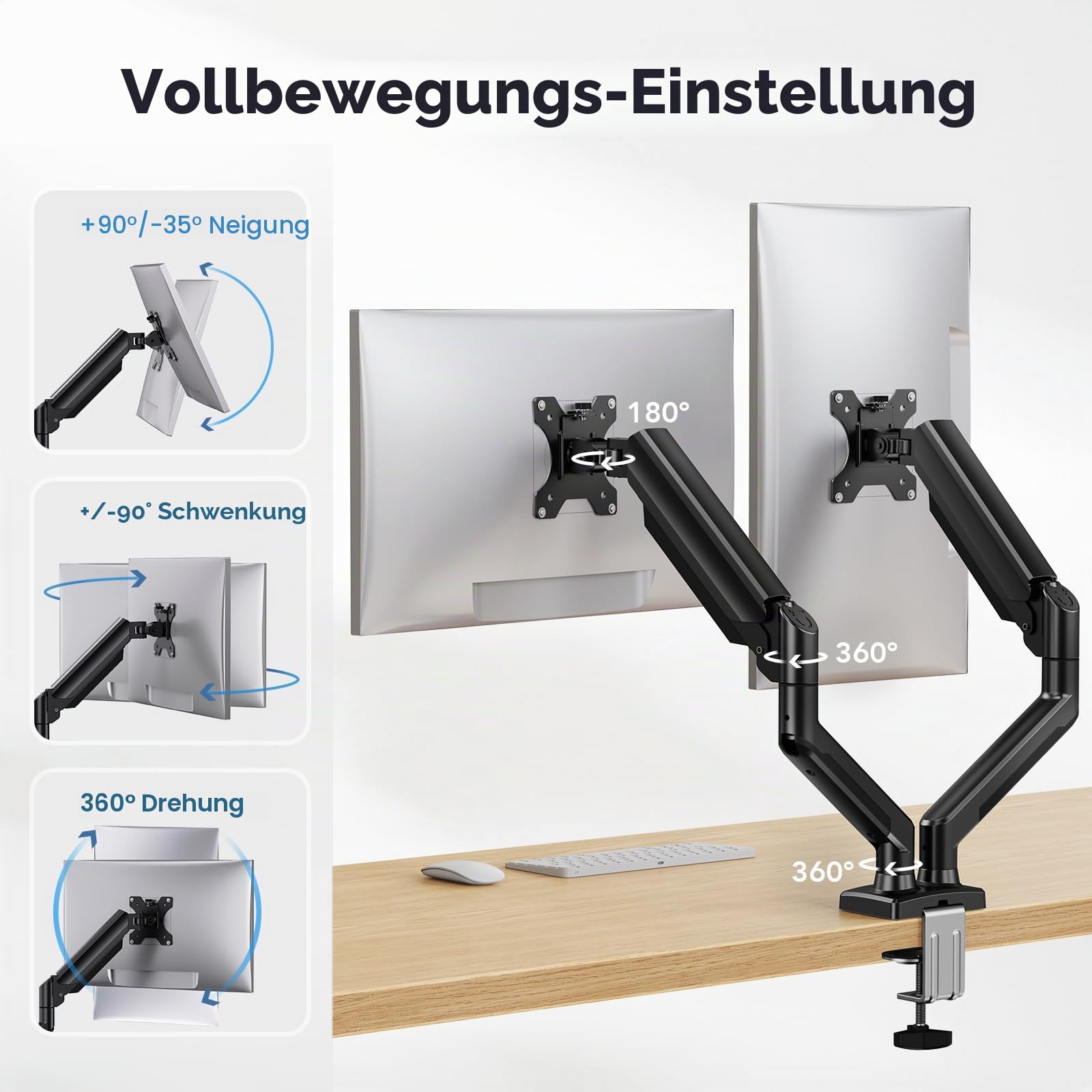 HUANUO Monitorhalterung für 2 Monitore, Stabile & Ergonomische Dual Monitor Arm bis 32 Zoll, Höhenverstellbar, Neig- & Drehbar, VESA 75/100, bis 10 kg pro Arm