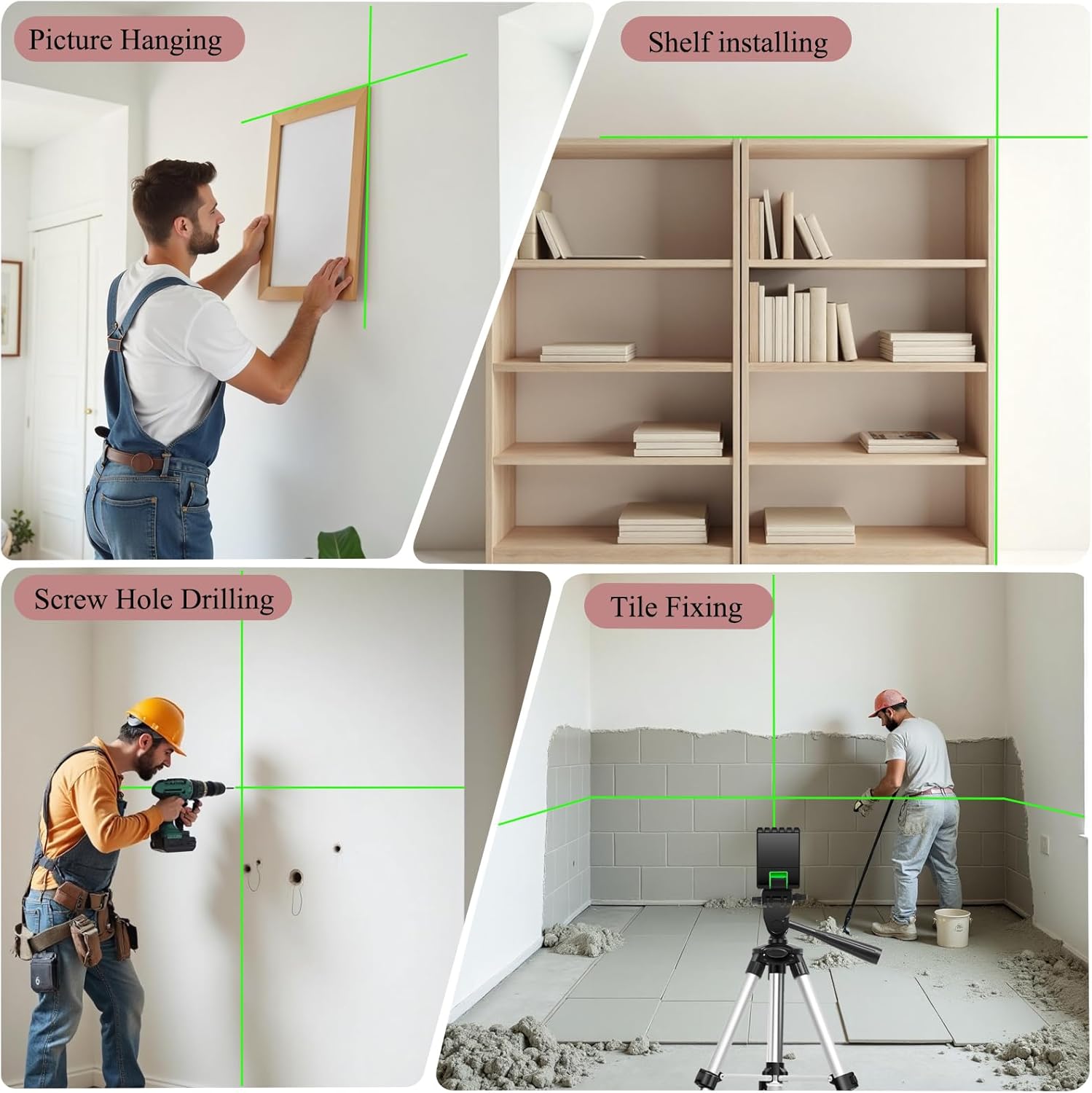 Laser level with tripod home improvement picture hanging tool,Green Cross Line Self-Leveling Floor Tile Wall Home Renovation, Battery Included,150 Ft,laserpower<1mW, Class 2 Laser output image 7 of 7 B0FF9KXM8V