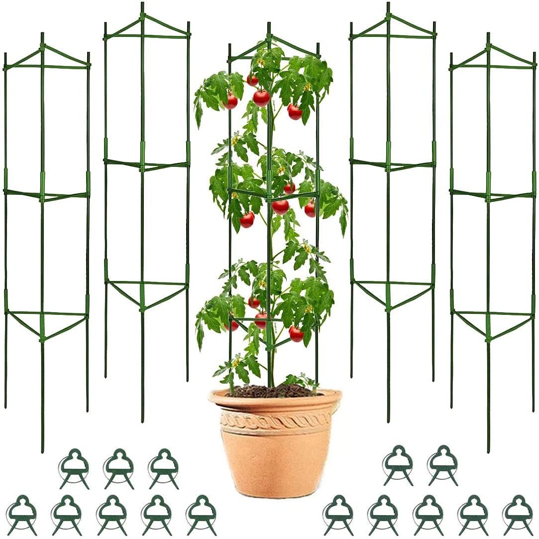 Derlights 5-Pack Tomato Cages Deformable Plant Supports Tomato Support Garden Plant Cages Multi-Functional Tomato Cucumber Trellis for Climbing Vegetables with 15Pcs Clips