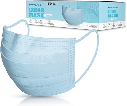 ANYGUARD - Máscaras faciales desechables de 3 capas, paquete de 50 unidades, transpirables, color aguamarina
