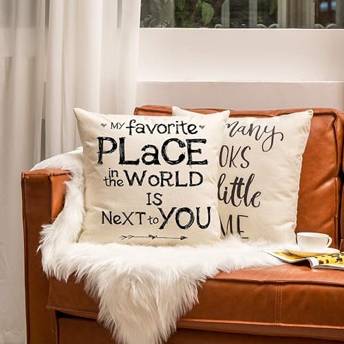 Miniatura 5 de Ogiselestyle My Favorite Place in The World is Next to You - Funda de cojín decorativa de lino y algodón con cita inspiradora para el hogar, 18 x 18