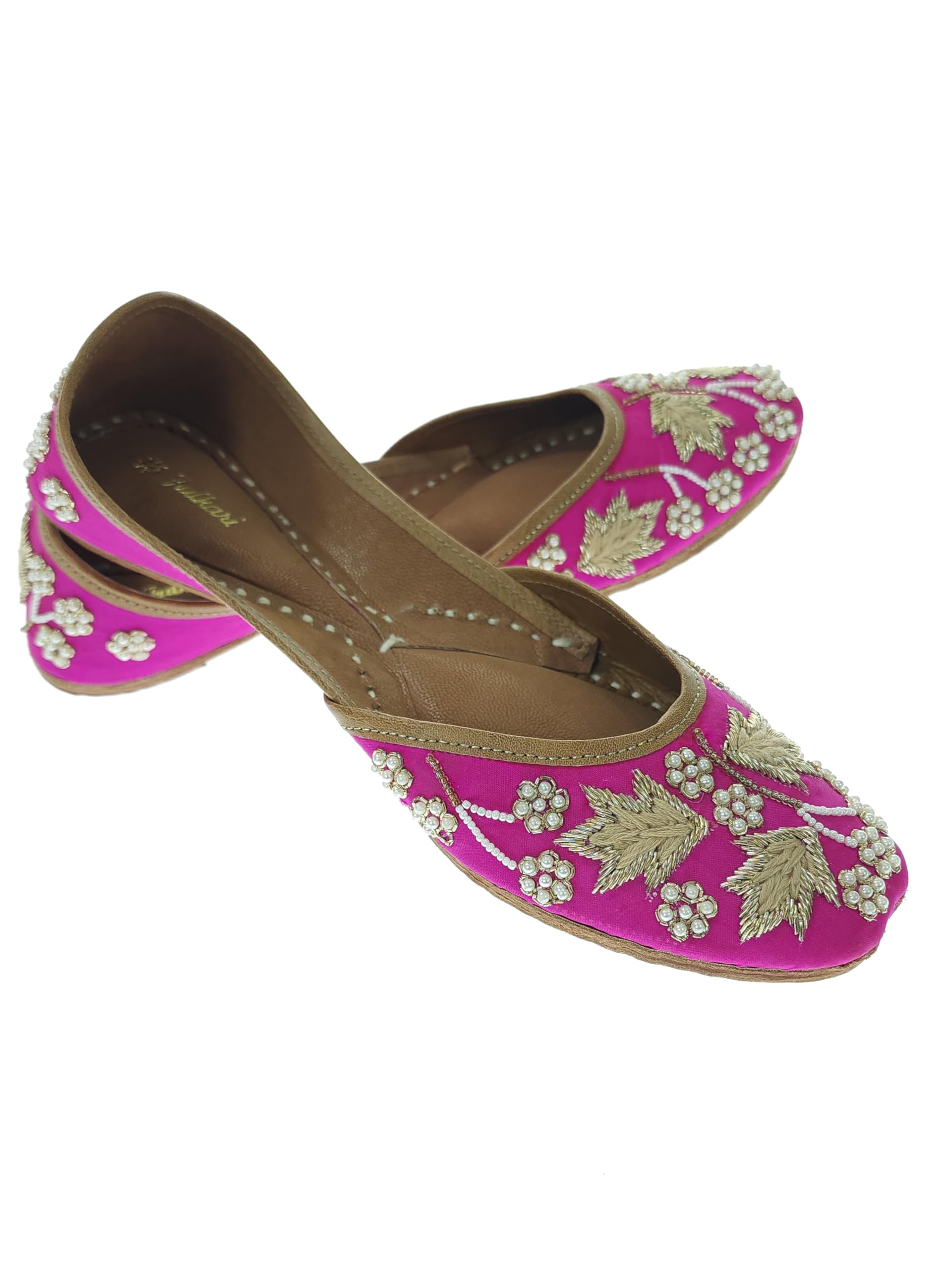 fulkari Women Palm Leaf Gold Soft Embroidered Jutis | Bite and Pinch Free Jutti | Punjabi Formal Juttis | Girl's Wedding Flat Ladies Mojari | Formal Ethnic Juti |-picture-34