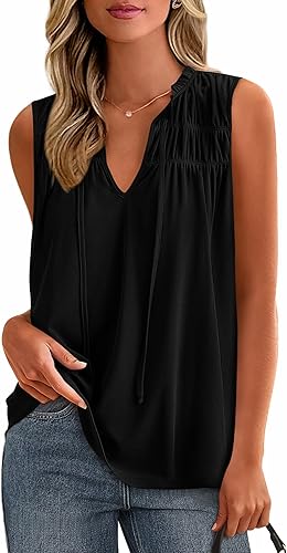 PRETTYGARDEN Womens Summer Tops Sleeveless V Neck Shirts Ruffle Loose Tank Top Smocked Work Flowy Dressy Casual Blouses