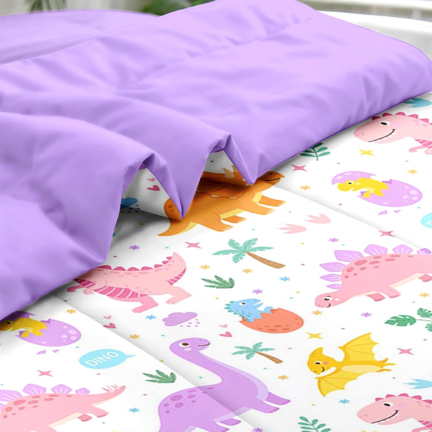 Comforter Set Twin Size, Cute Dinosaur 5 Pcs Bedding for Kids and Adults, Love Rainbow Happy Bed Sheet Sets with Fitted Sheet Pillowcase & Sham for Bedroom Bed Decor - Image 5
