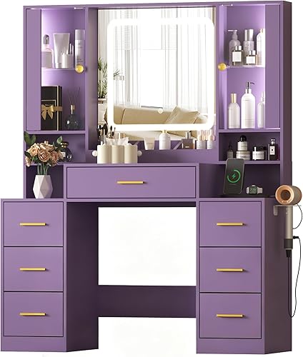 Miniatura 7 de Escritorio de tocador de maquillaje morado con espejo y luces, mesa de tocador moderna con estación de carga, 7 cajones, gabinete de vidrio