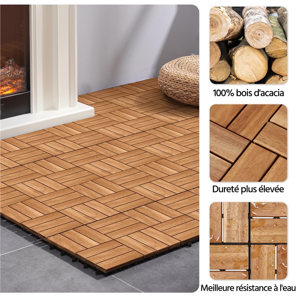Yaheetech Carreaux de jardin en bois d'acacia 30 x 30 cm Revêtement de sol imperméable résistant aux intempéries pour extérieur, balcon, jardin, terrasse, 10 pièces