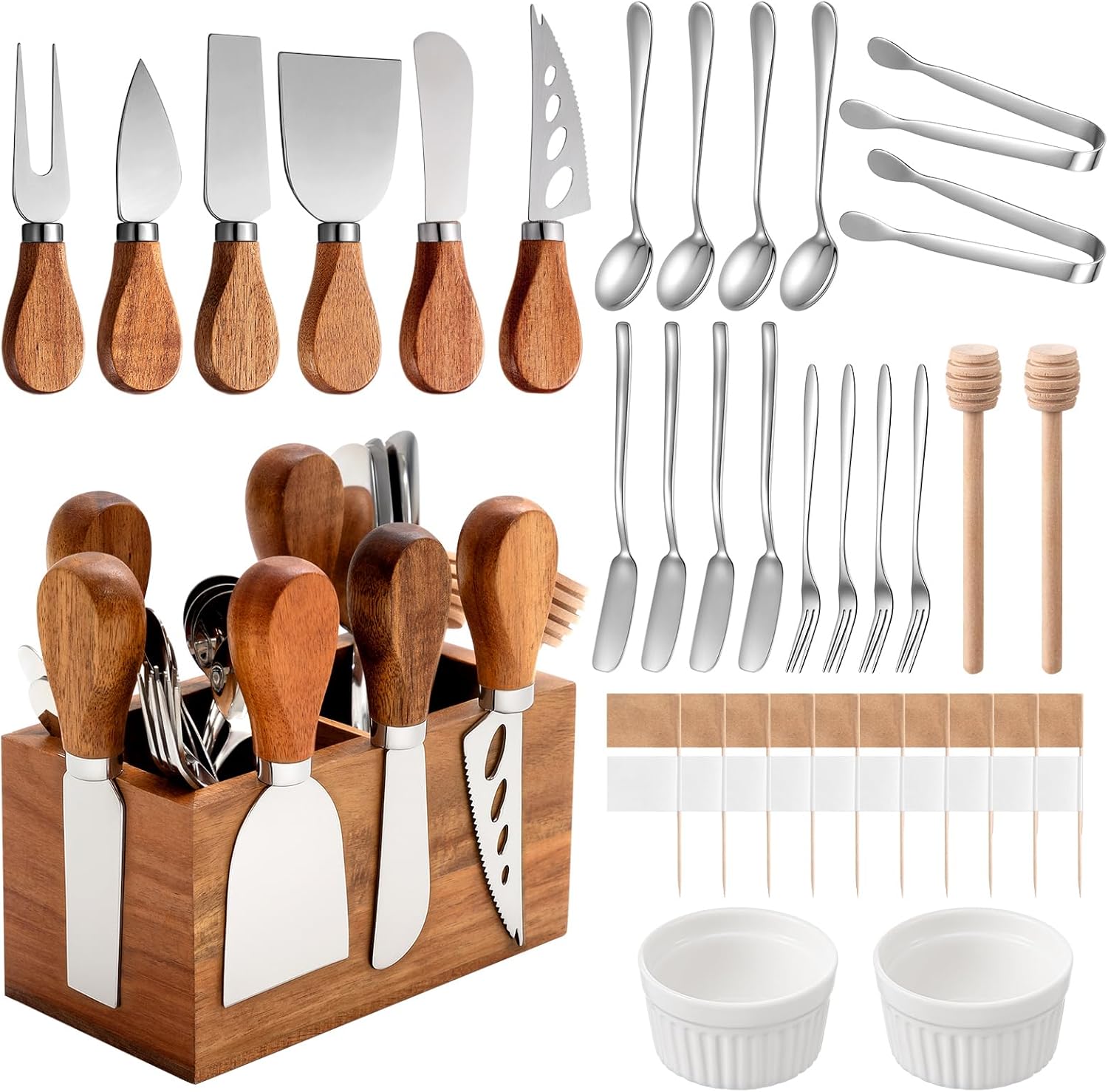 Hushee 44 Pcs Charcuterie Boards Accessories with Magnetic Acacia Wood Holder Wooden Cheese Knife Set for Wood Handle Knives for Cheese Knife Slicer with Tongs, Spoons, Forks, Honey Dipper (Style 2)