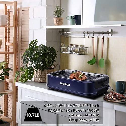 Vista 7 de Parrilla eléctrica para interiores con plancha CUSIMAX, parrilla sin humo, parrilla de barbacoa coreana portátil con tecnología de extractor de humo