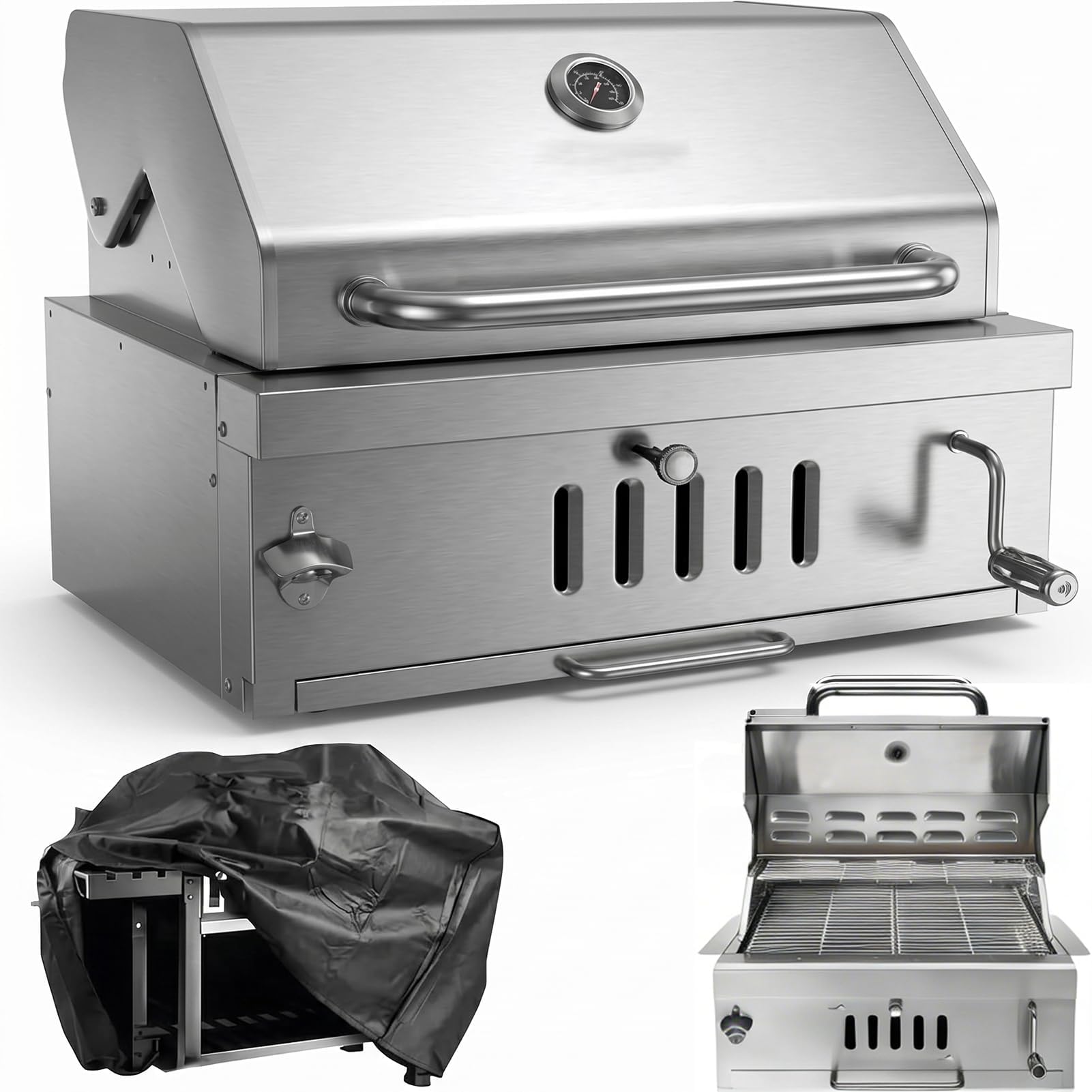 Large Charcoal BBQ Grills, Built in Barbecue Grill with Liftable Tray, Insulated Hood & Temp Gauge, Silver Stainless Steel BBQ Barrel Grill for Outdoor Kitchen Cooking Family Parties Patio Park Style