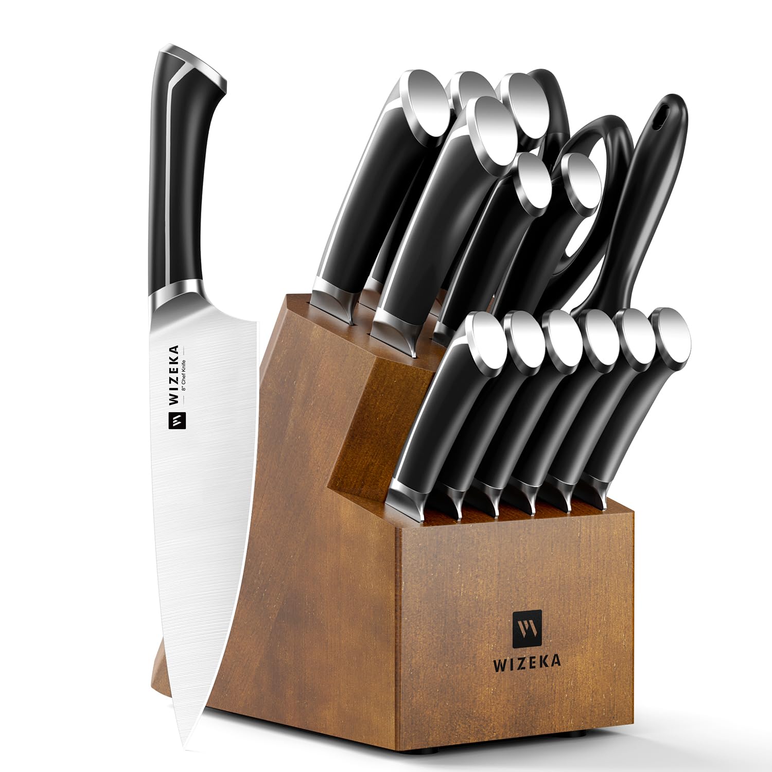 WIZEKA 15-Piece knife set High Carbon Stainless Steel Kitchen Knife Set Ultra Sharp Knife Block Set with Sharpener