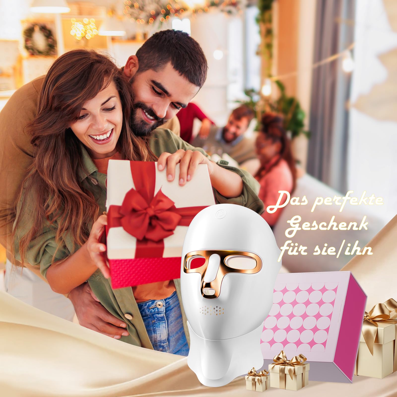 ONLUKY LED Maske Gesicht Anti-Aging Rotlicht-Therapie mit Infrarot, USB-C-Ladung, 120 LED, inkl. Halsaufsatz, Gold