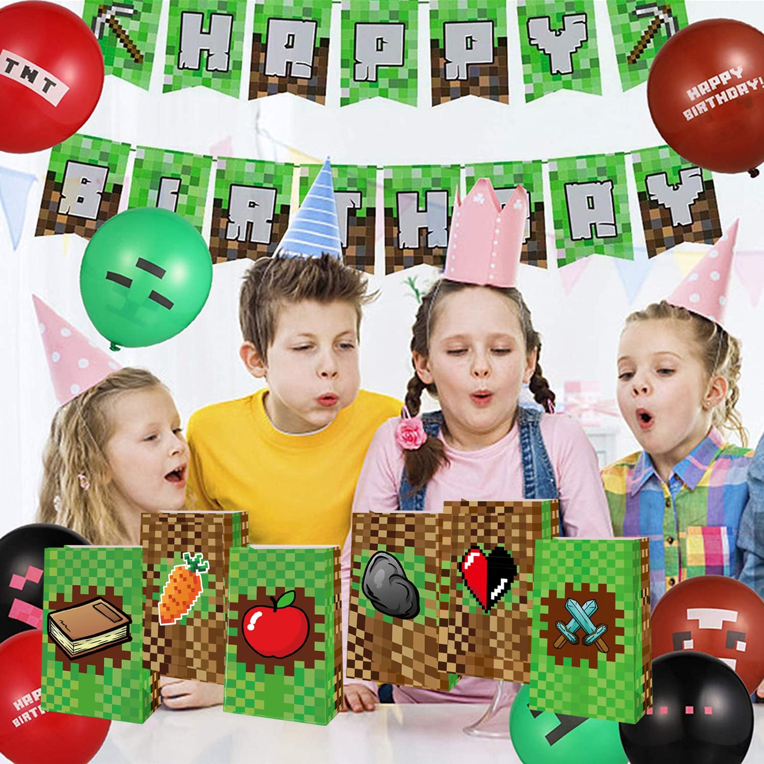 24 Packs Pixel Theme Party Gift treat Bags, Pixel Theme Birthday Party supplies