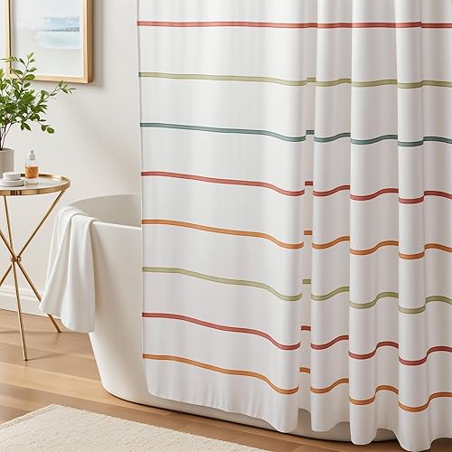 Miniatura 6 de Juego de cortina de ducha bohemia cortina de ducha para niños a rayas arcoíris con ganchos, tela impermeable con bonito patrón de rayas impresas,
