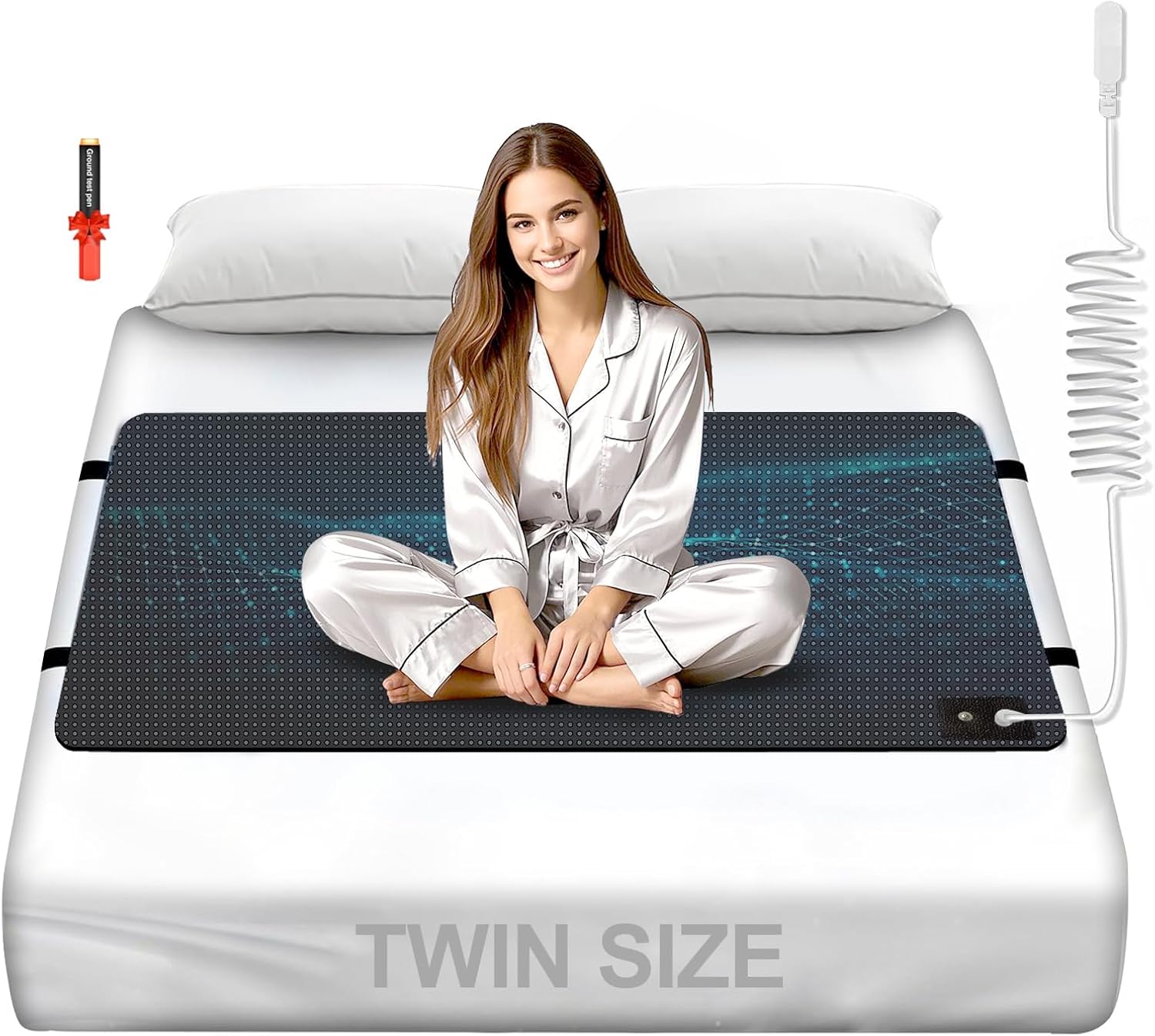 Grounding Mat for Bed, Carbon Fibre + PU Leather Grounding Mattress Pad with Grounding Cord, Test Pen and Plug for Better Sleep(Twin – 27″x 39″)