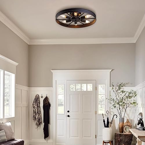 Miniatura 2 de Lámpara de techo de metal rústico de 6 luces, luz industrial redonda negra para sala de estar, lámpara de granja semiempotrada para cocina, isla,