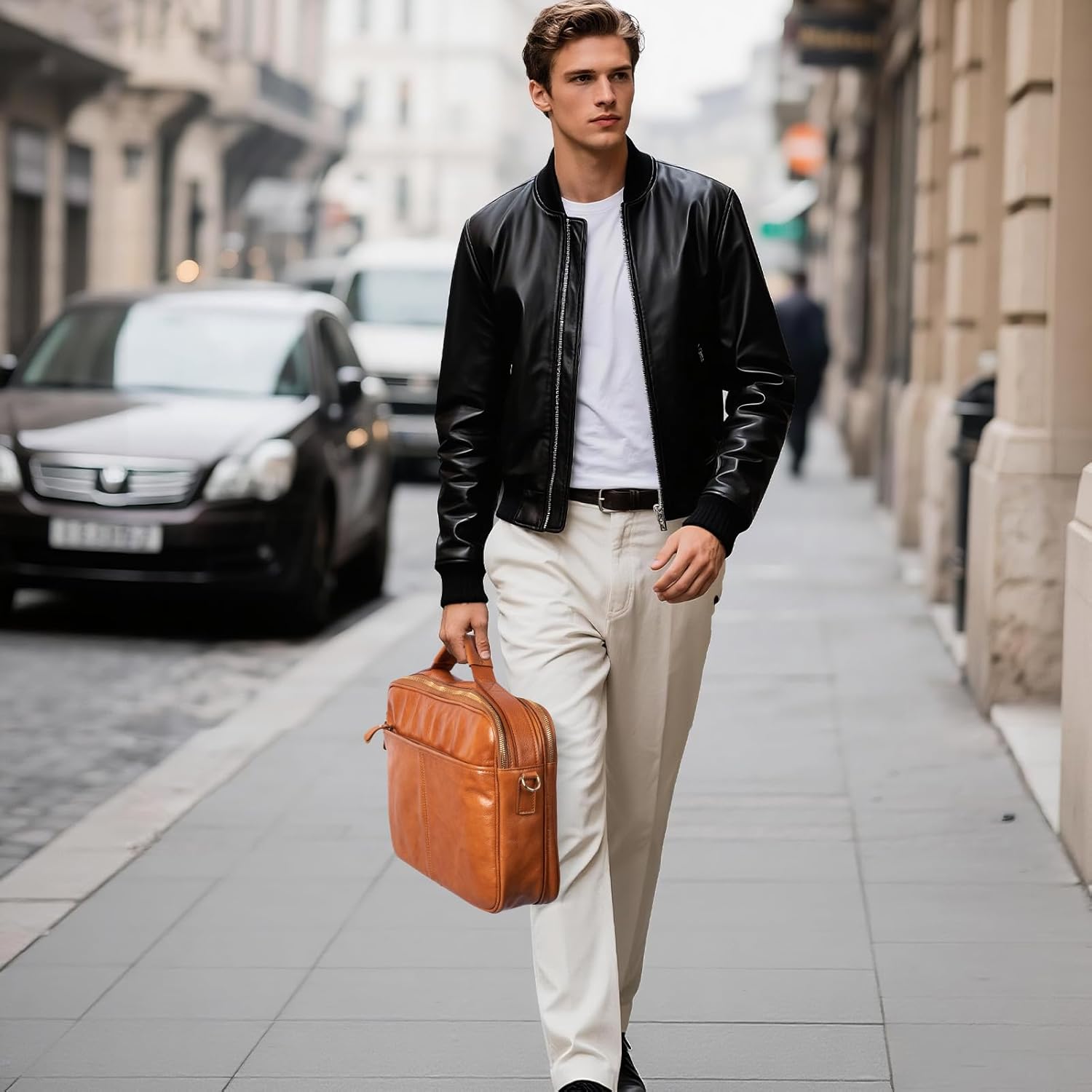 Leather Crossbody Bag - Retro Style Camera Messenger Bag with Contrasting Striped Strap - Image 3